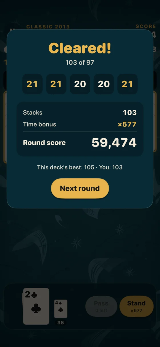 Original 2013 Classic rules: a cleared round with a ×577 time bonus.