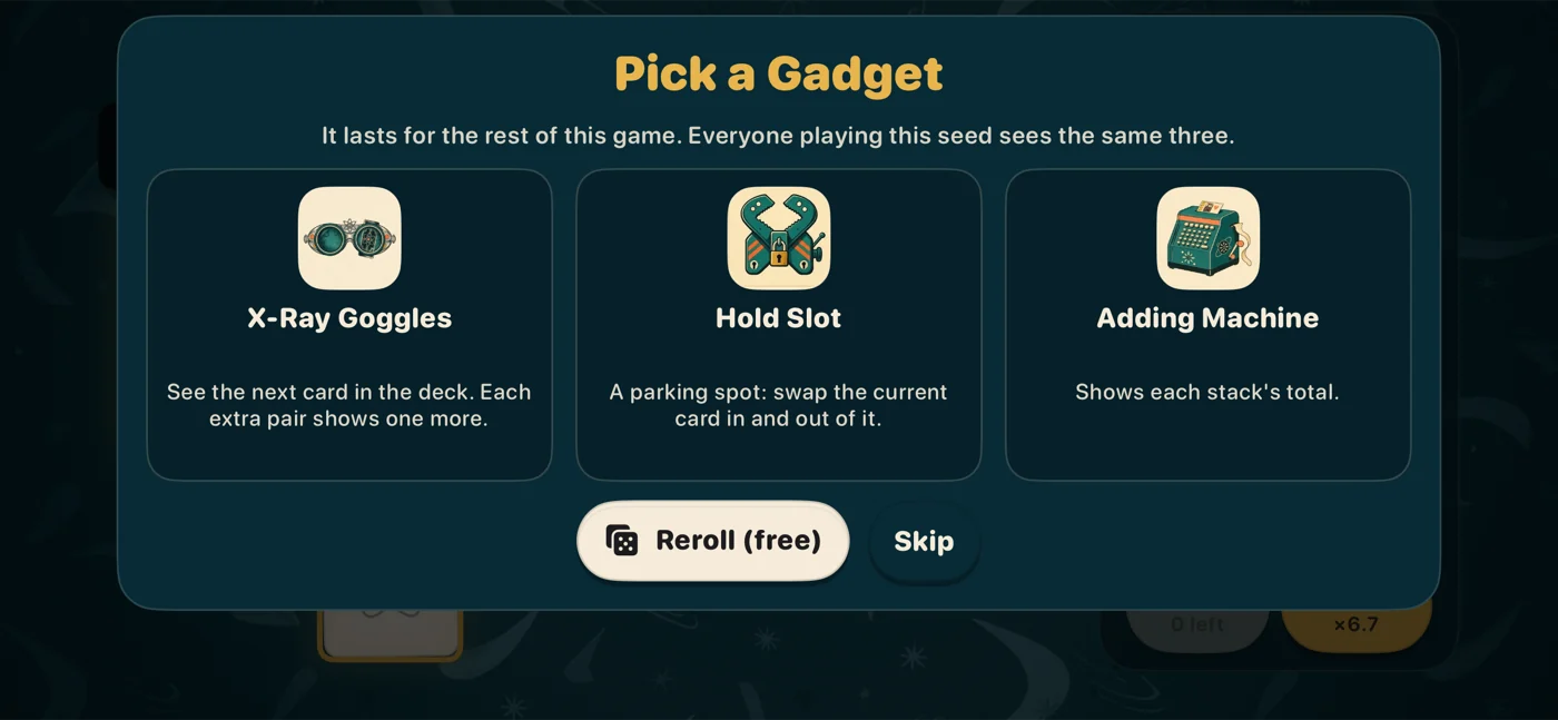 Pick a Gadget: X-Ray Goggles, Hold Slot and Adding Machine.