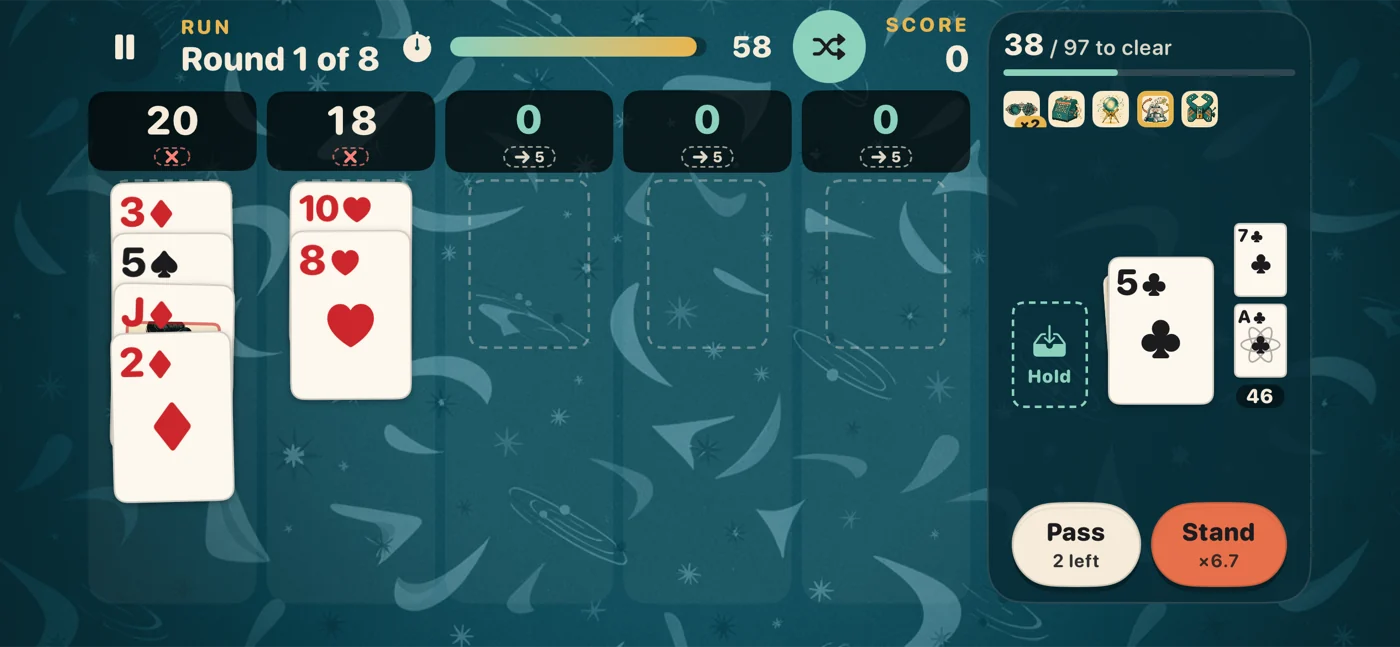 A Run round on iPhone with five Gadgets equipped and the Hold Slot ready.